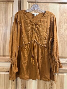 Tantrums Women’s Sz L Rust Embroidered Peasant Boho Blouse Top